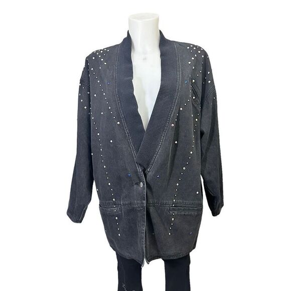 TRASH CLOTHING Vintage 90s Black Acid Washed‎ Studded & Beaded Denim Jacket sz L - Picture 1 of 9